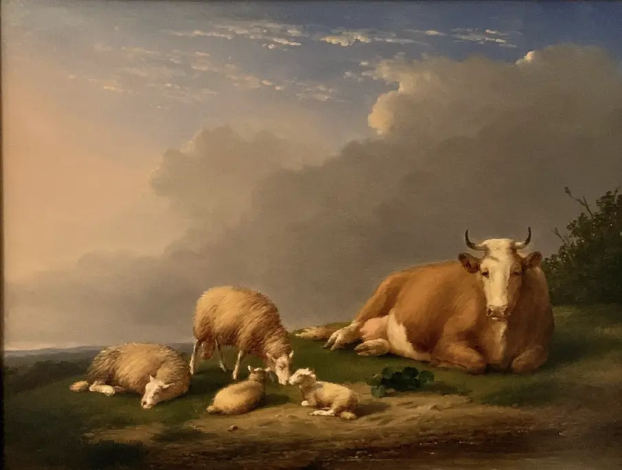 Huile Eugène Verboeckhoven Scène pastorale aux moutons et vache