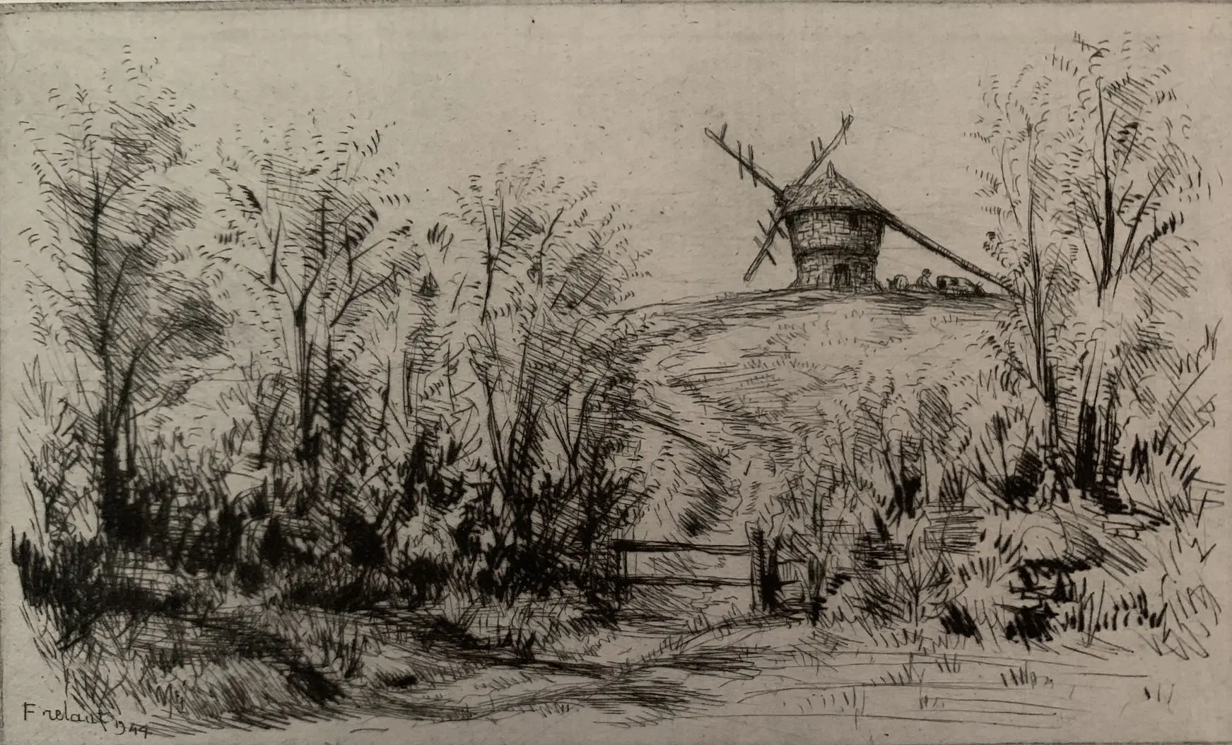 Gravure Jean Frélaut Le moulin de Penmern