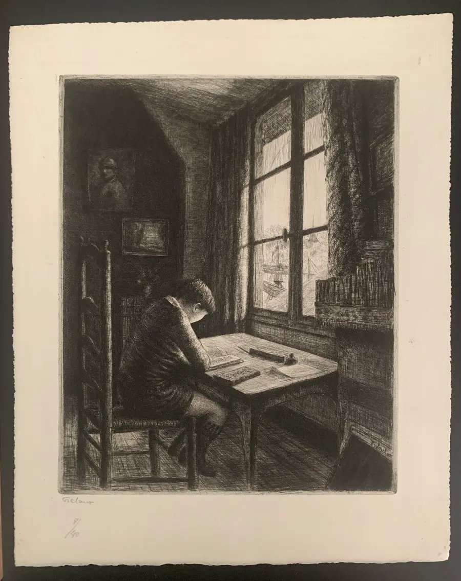 Gravure Jean Frélaut - L'étude