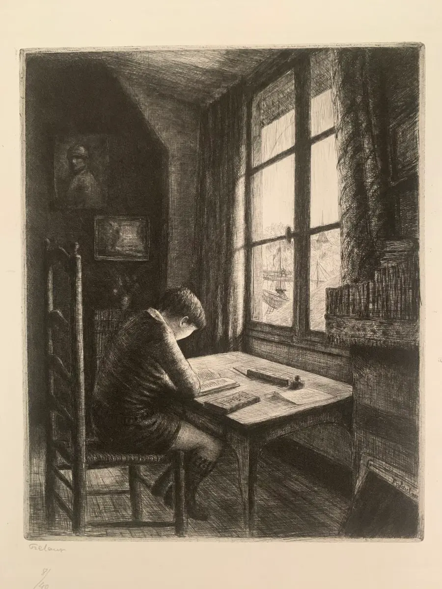Gravure Jean Frélaut - L'étude